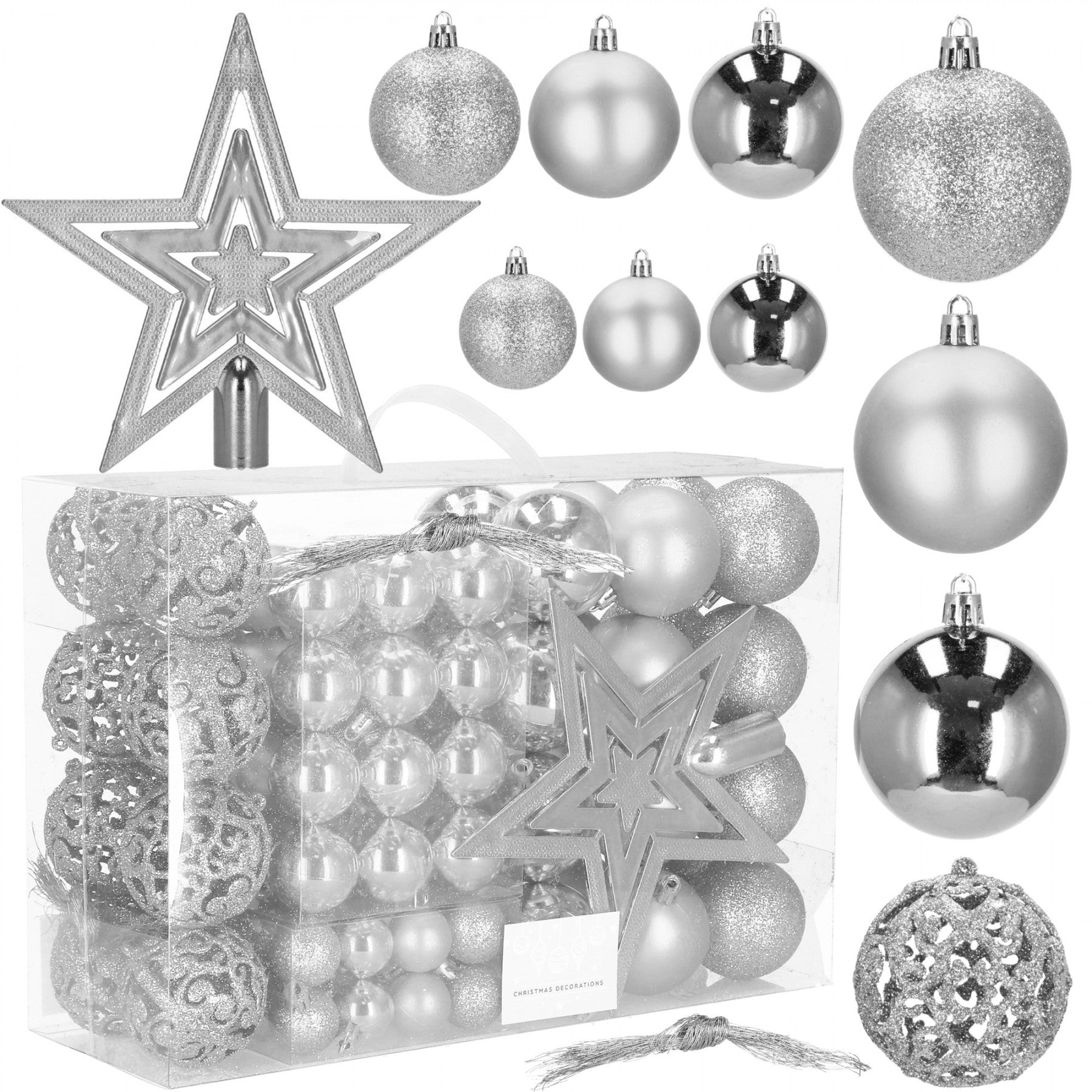 Set globuri si decoratiuni de Craciun, 100 piese, diverse dimensiuni cu stea, argintiu