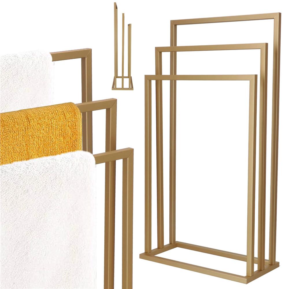 Suport metalic de baie pentru prosoape, cu 3 standuri, 86 cm, auriu mat