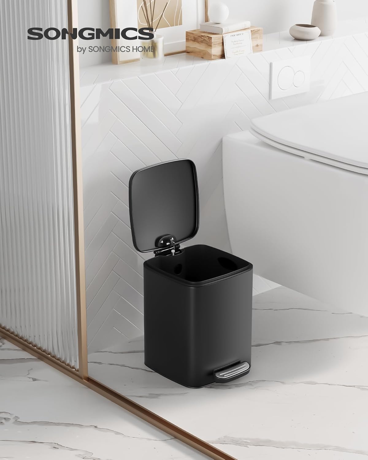 SONGMICS Cos de gunoi pentru baie, cu pedala si soft-close, 6 litri, negru