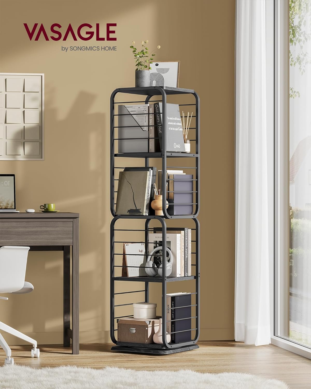 VASAGLE Biblioteca rotativa 360 grade, cadru metalic, cu 5 polite MDF, 43x43x158cm, negru