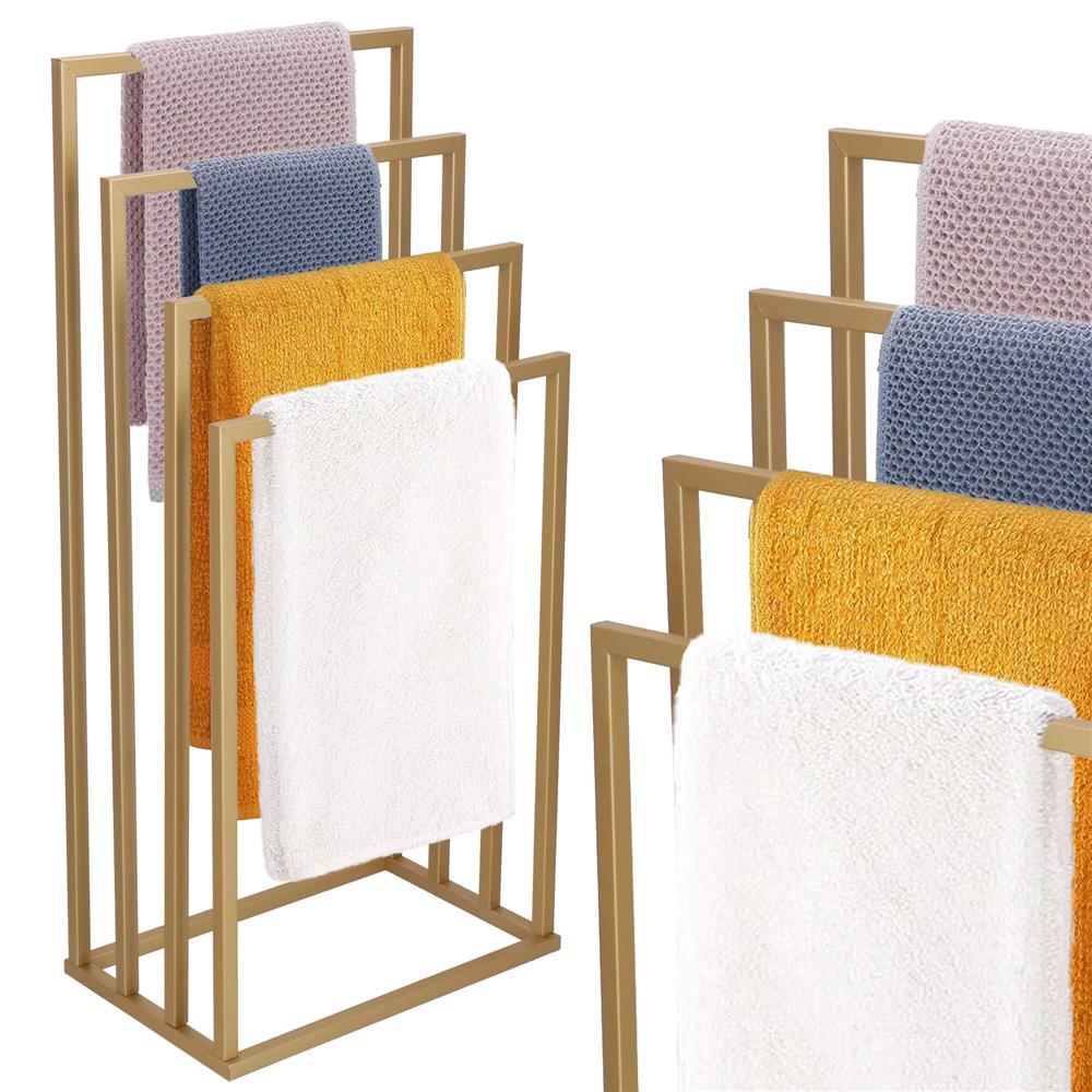 Suport metalic de baie pentru prosoape, cu 4 standuri, 96 cm, auriu mat - 4