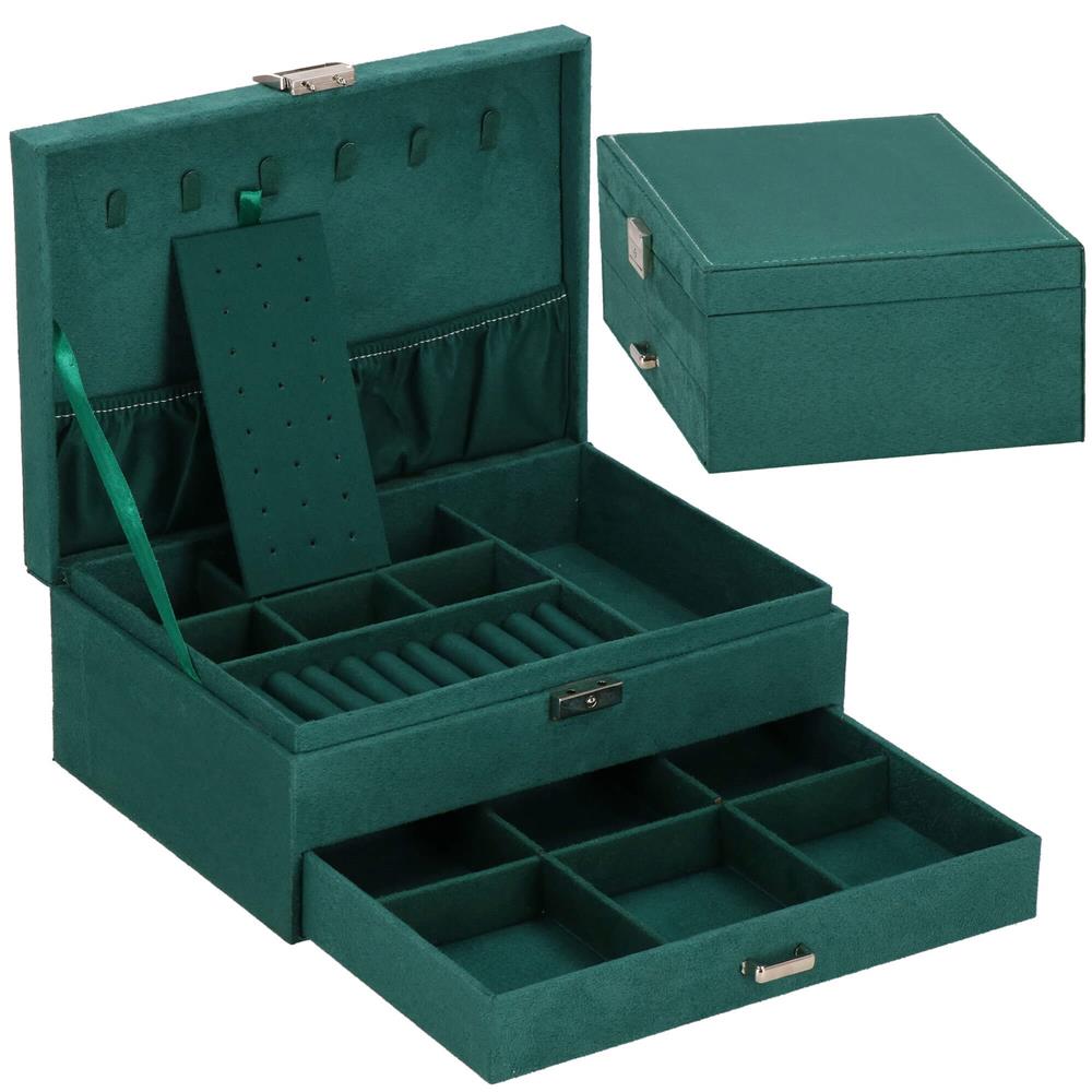 Cutie depozitare si organizare bijuterii, velur, 27 x 19 x 10,5 cm, verde