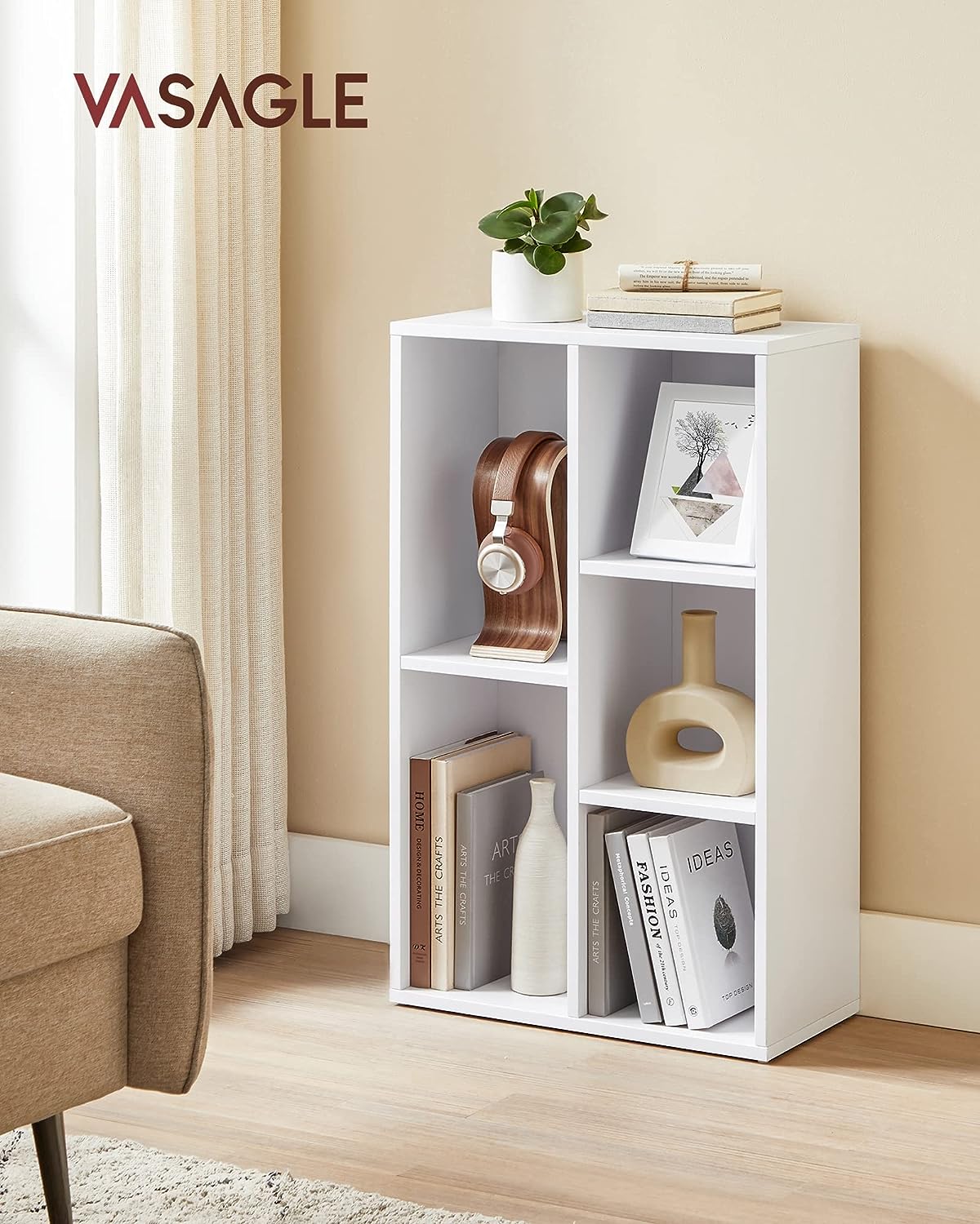 VASAGLE Biblioteca, raft cu 5 unitati de depozitare, pentru living, din lemn, 50x24x80cm, alb