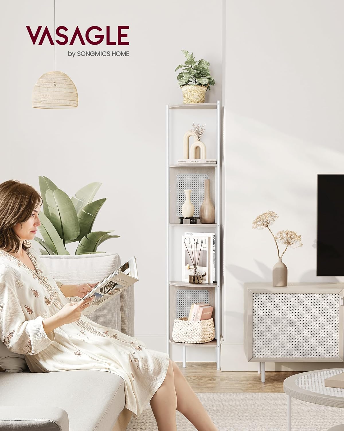VASAGLE Raft de colt boho, cadru metalic, polite MDF si panouri poliratan, 32x32x156cm, alb - 2