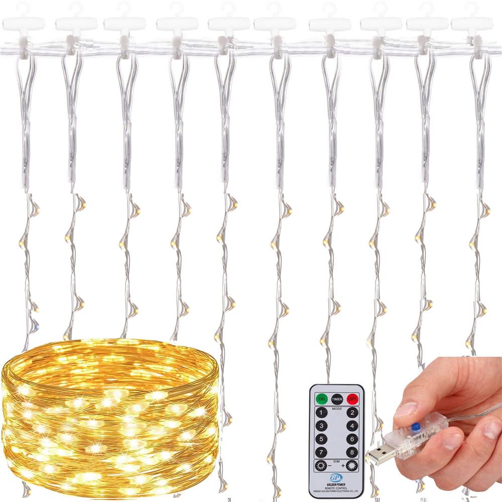 Ghirlanda luminoasa tip perdea 200 LED-uri, 2x2m, pentru interior, alimentare USB, alb cald (galben)