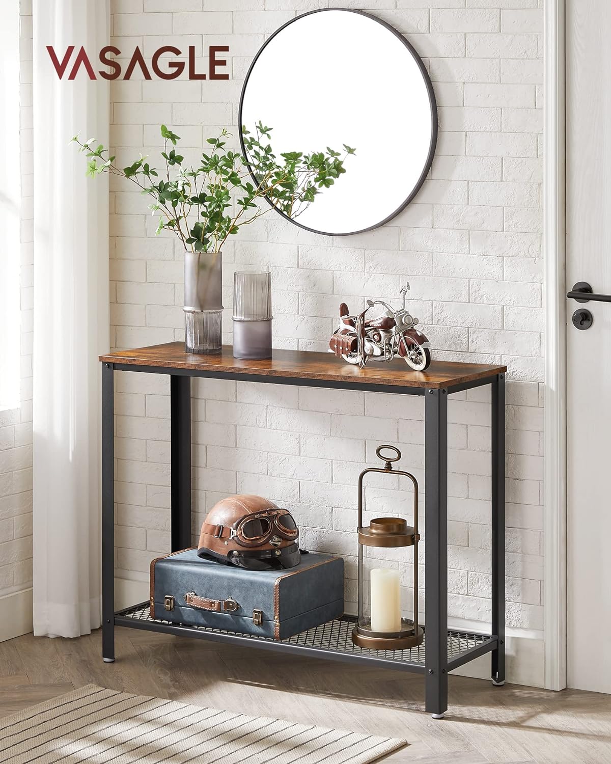 VASAGLE Masa de intrare, cadru metalic cu blat din lemn, industrial, 102x35x80cm, maro rustic si negru