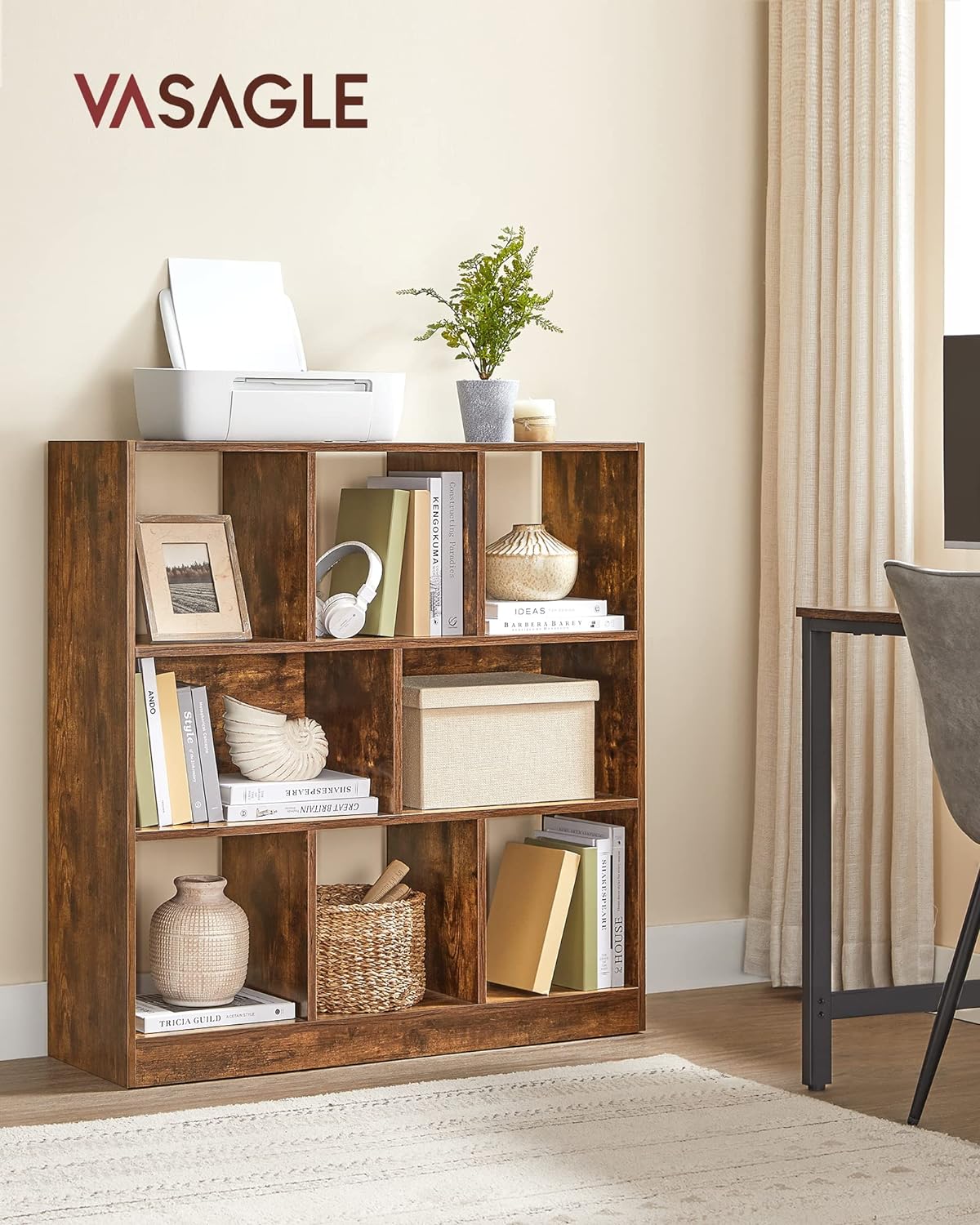 VASAGLE Biblioteca, raft cu 8 unitati de depozitare, pentru living, din lemn, 97x30x100cm, maro rustic