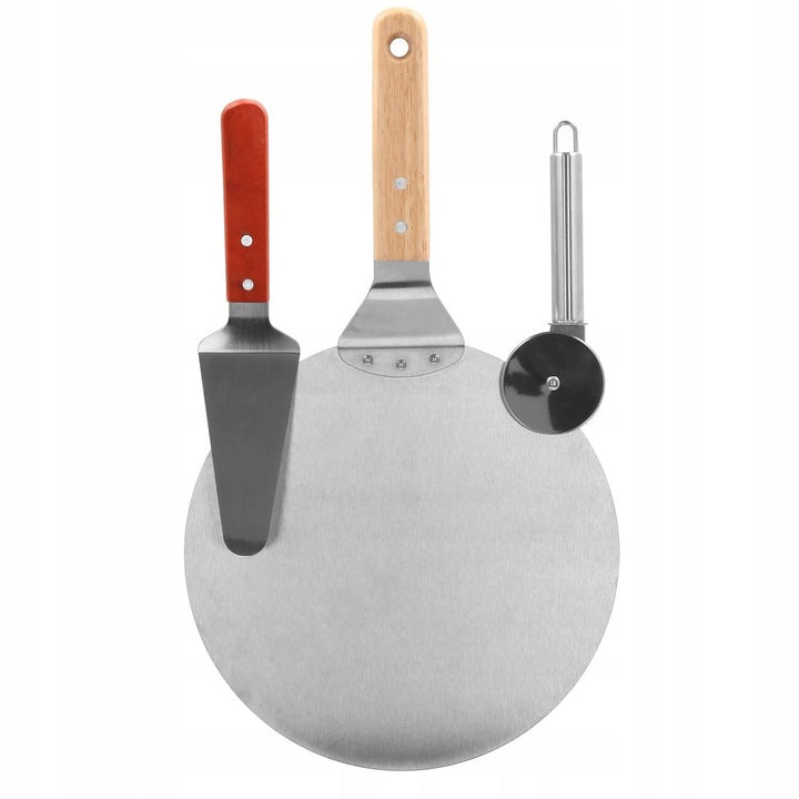 Set 3 accesorii pentru pizza, tava, spatula si taietor, inox cu manere din lemn