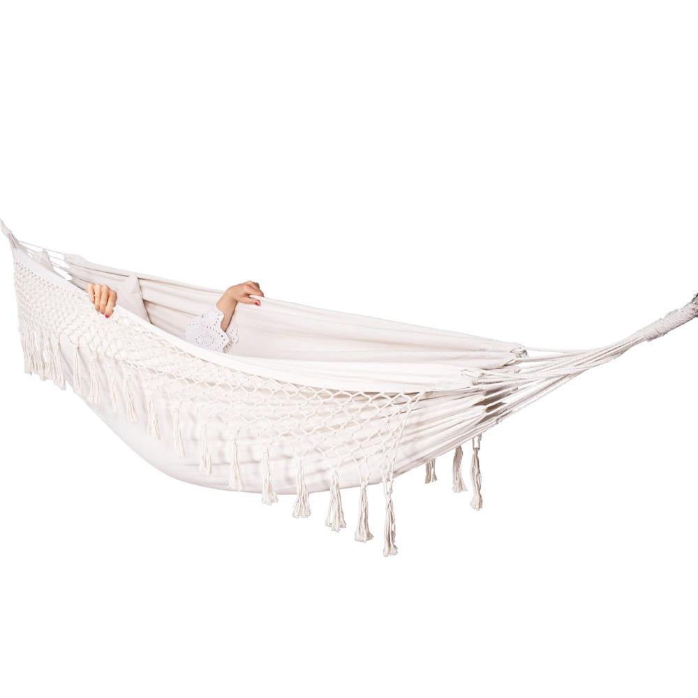 Hamac doua persoane cu franjuri si 2 perne, 200kg, 200×150 cm, bej