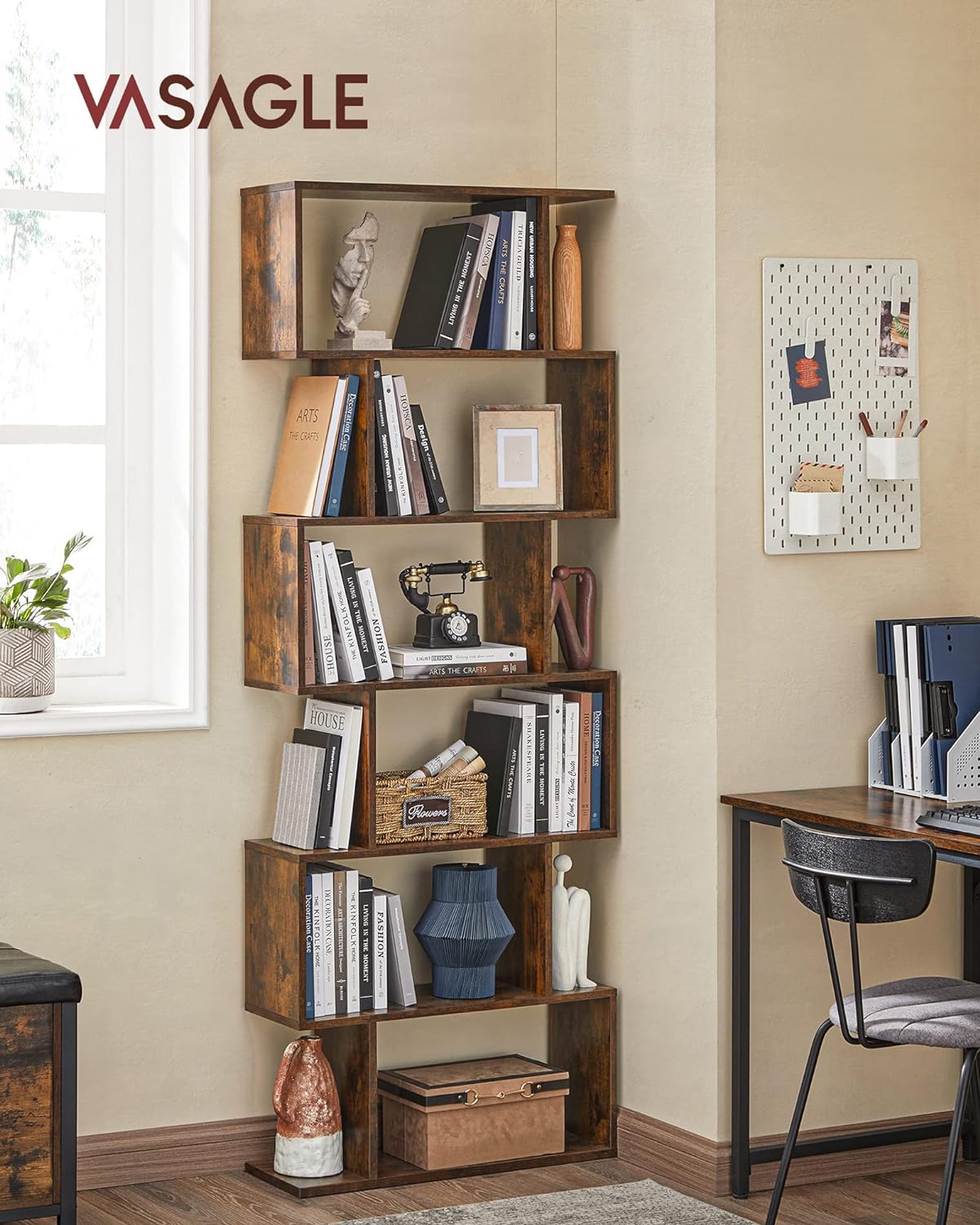 VASAGLE Biblioteca, raft cu 6 unitati de depozitare, pentru living, din lemn, 24x190x70cm, maro rustic