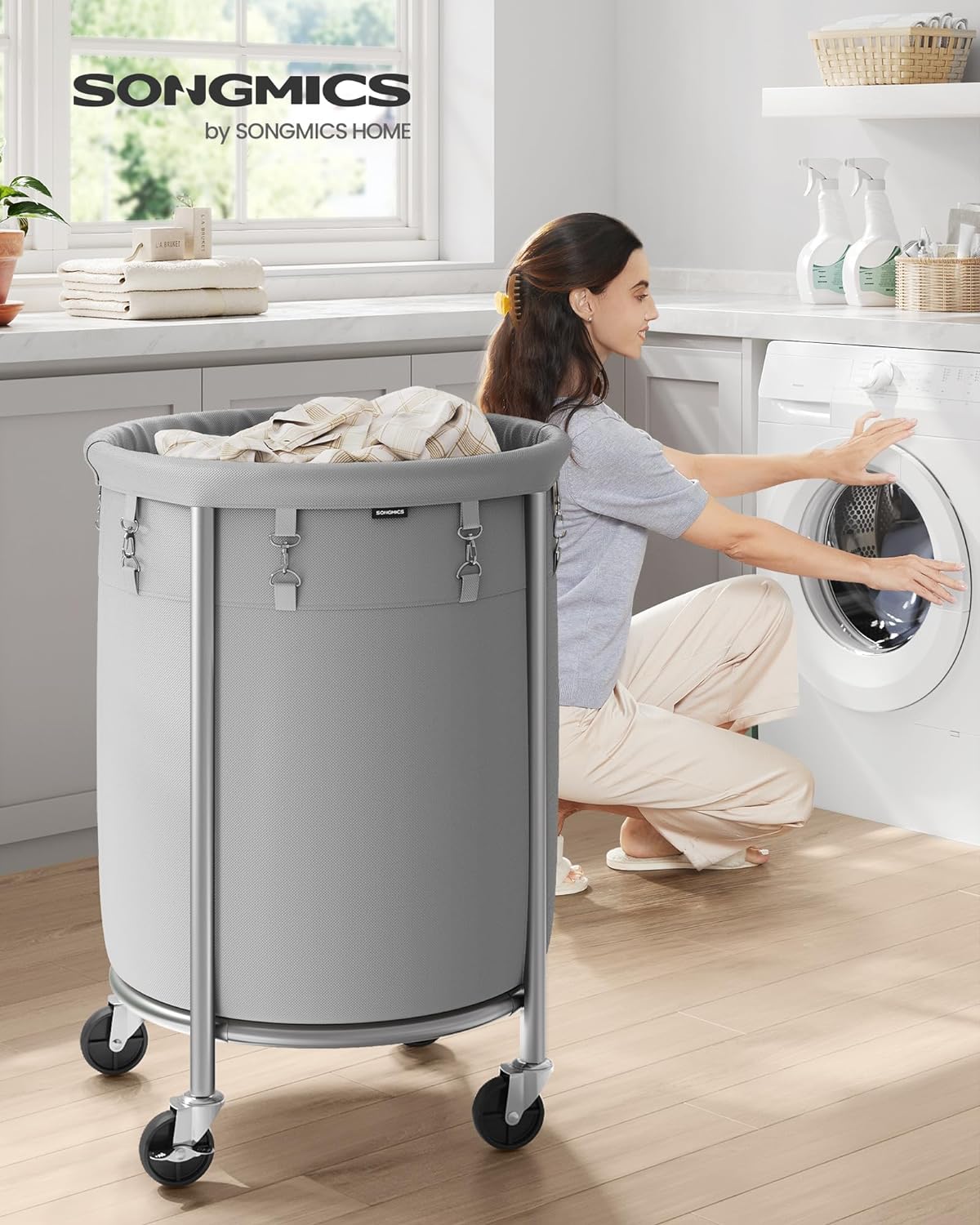 SONGMICS Cos de rufe rotund cu roti, cadru din otel, sac de rufe detasabil, 110 litri, gri