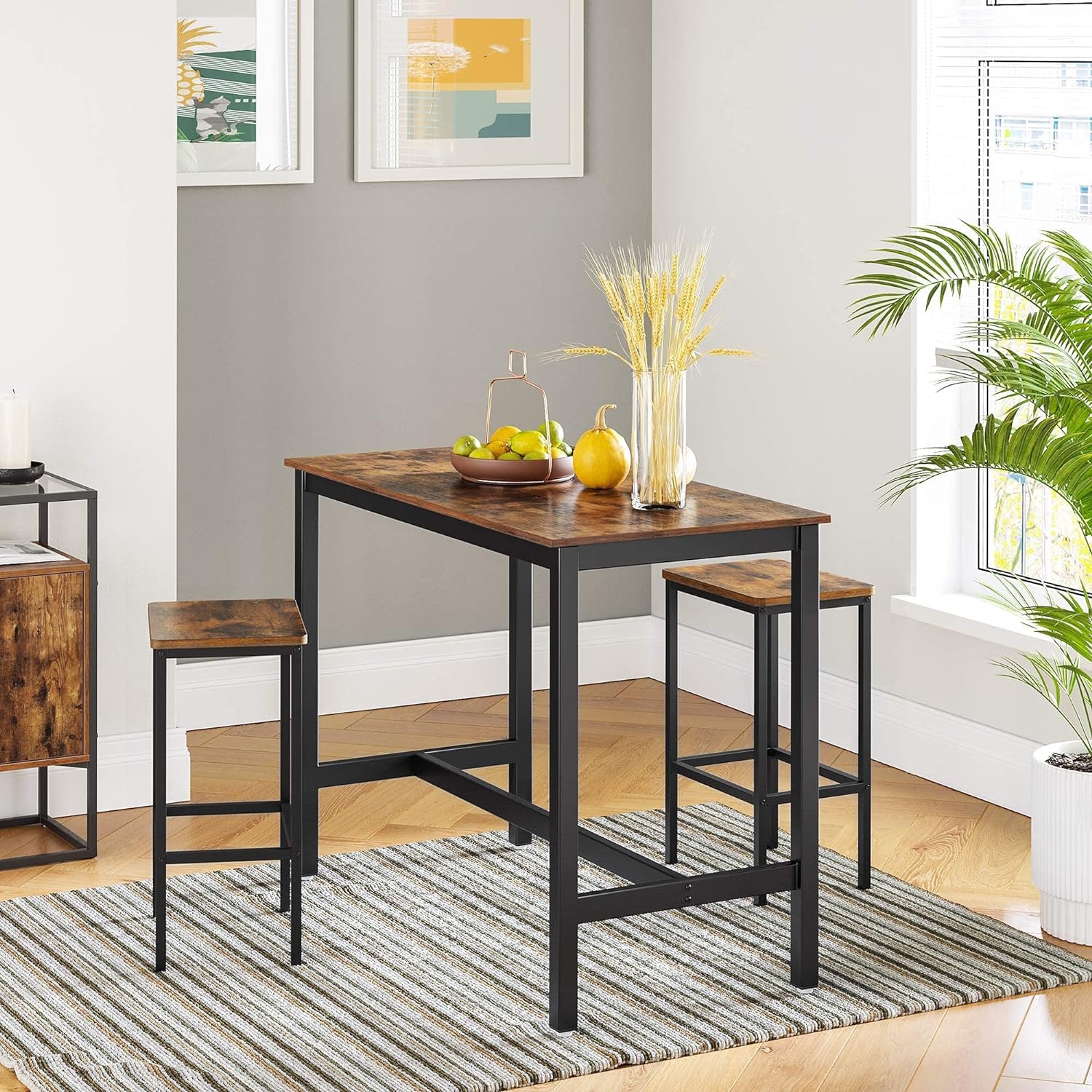 VASAGLE Set 2 scaune bar inalte, sezut dreptunghiular, cadru din otel, 40x30x65cm, stil industrial, maro rustic si negru