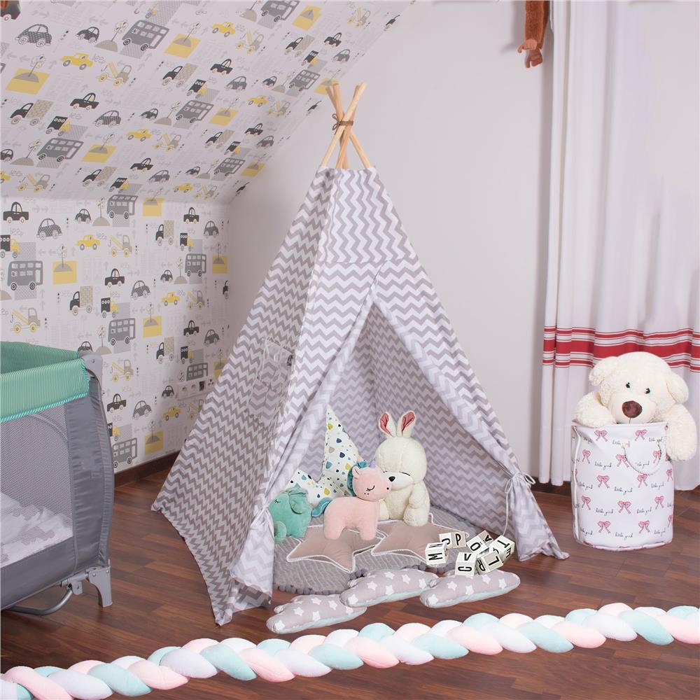 Cort copii Sersimo stil indian Teepee Tent cu fereastra, alb gri zig zag