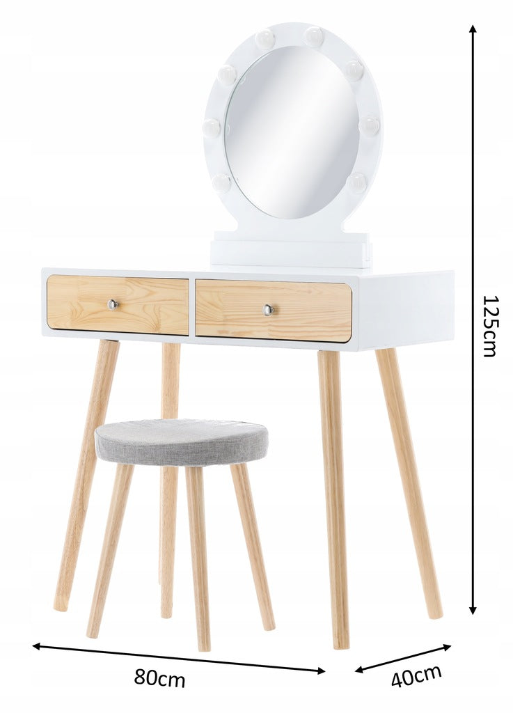 Set masa de toaleta si machiaj cu taburet, Scandinav, oglinda, iluminare LED, 75x45x130 cm, alba