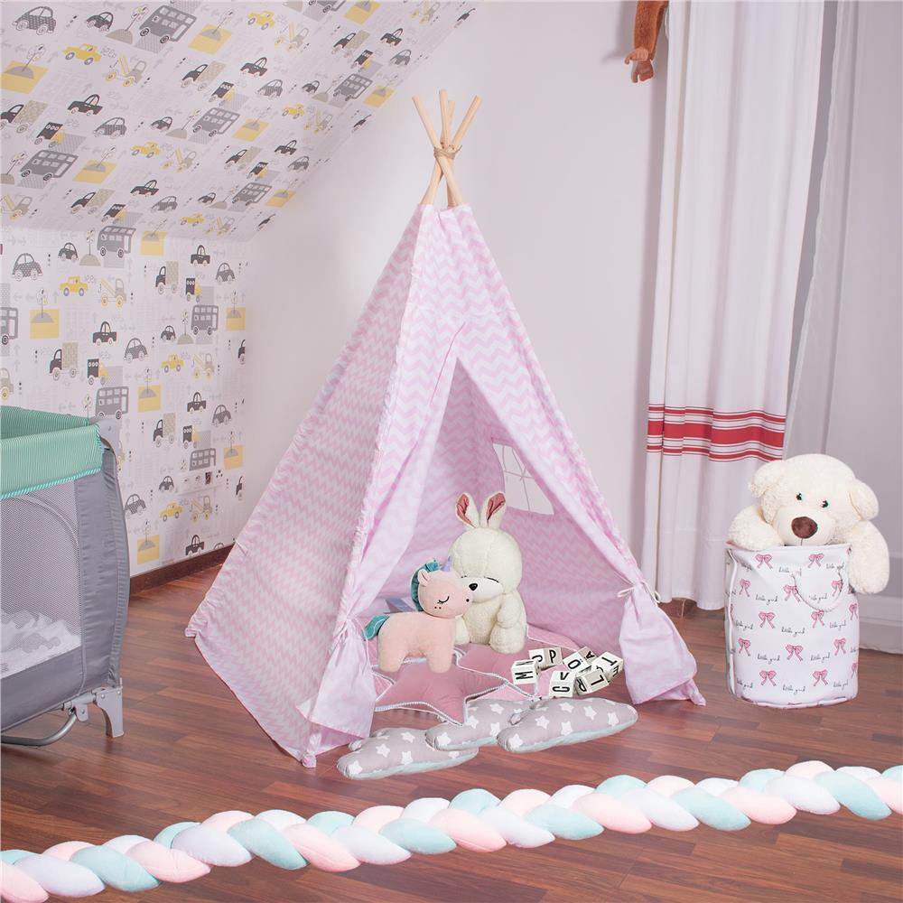 Cort copii Sersimo stil indian Teepee Tent cu fereastra, alb roz zig zag
