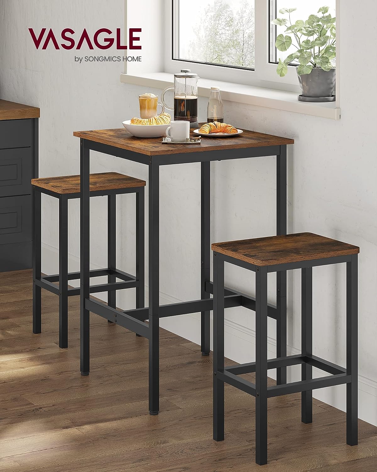 VASAGLE Masa de bar pentru bucatarie, patrata, inalta, cadru de otel, 60x60x92cm, stil industrial, maro rustic si negru