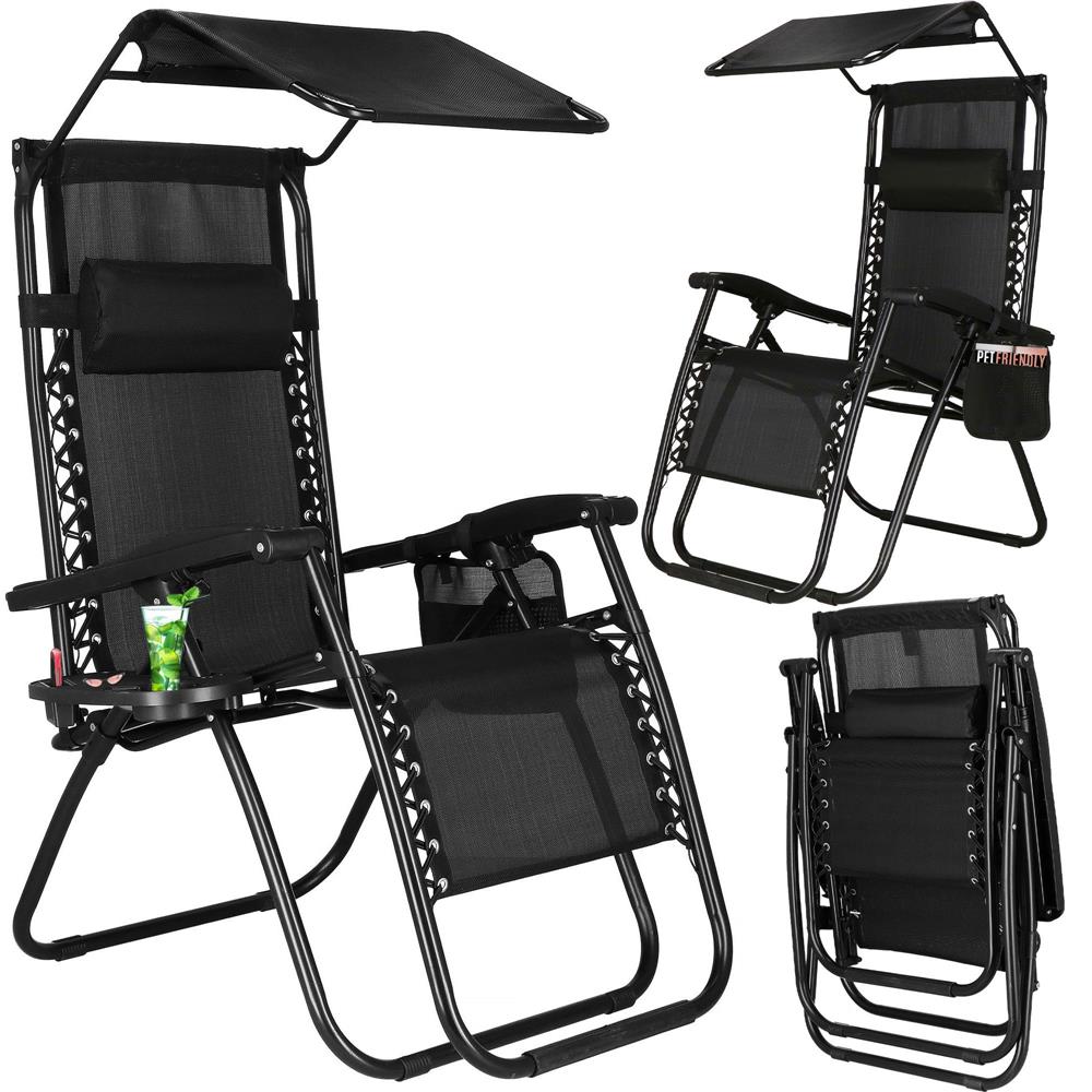 Sezlong pliabil SERSIMO GC3, Relax Zero Gravity cu parasolar, 175cm, negru