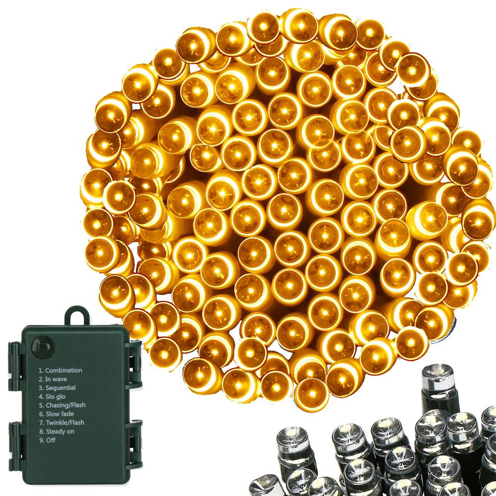 Instalatie lumini de exterior pentru gradina, 10 metri, 100 LED-uri, cu baterii, galben