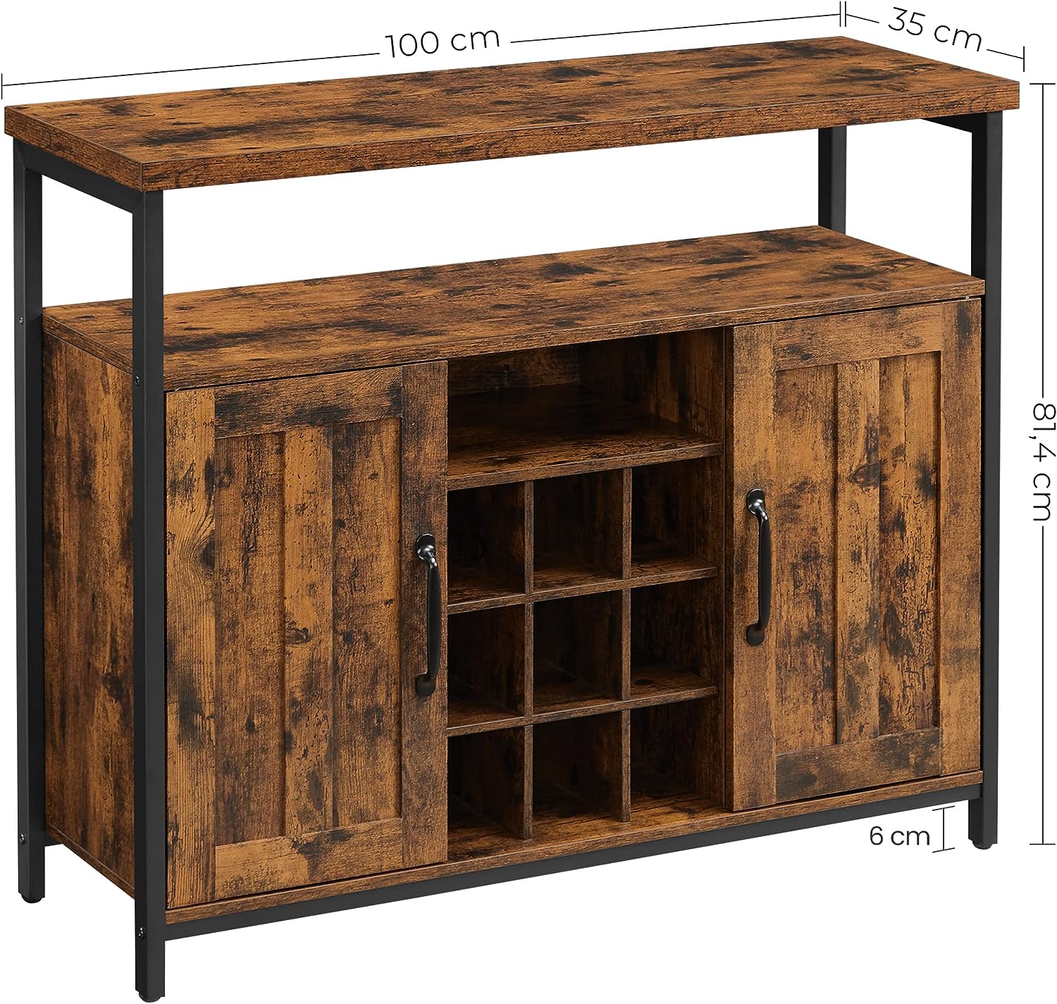 VASAGLE Comoda tip bufet, cu 2 usi si suport pentru sticle vin, stil industrial, 100x35x81cm, maro rustic si negru