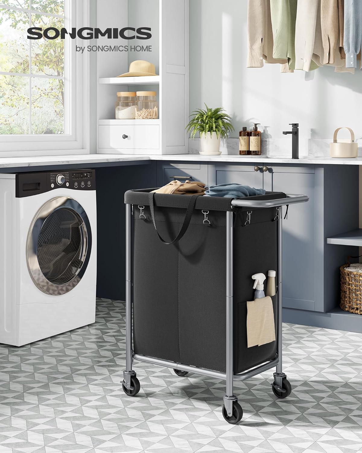 SONGMICS Cos de rufe cu roti, cadru din otel, sac detasabil cu 2 compartimente, 140 litri, 69x39x81cm, negru