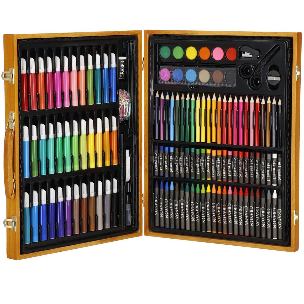 Set de pictura si desen pentru copii, 150 de piese, trusa lemn maro
