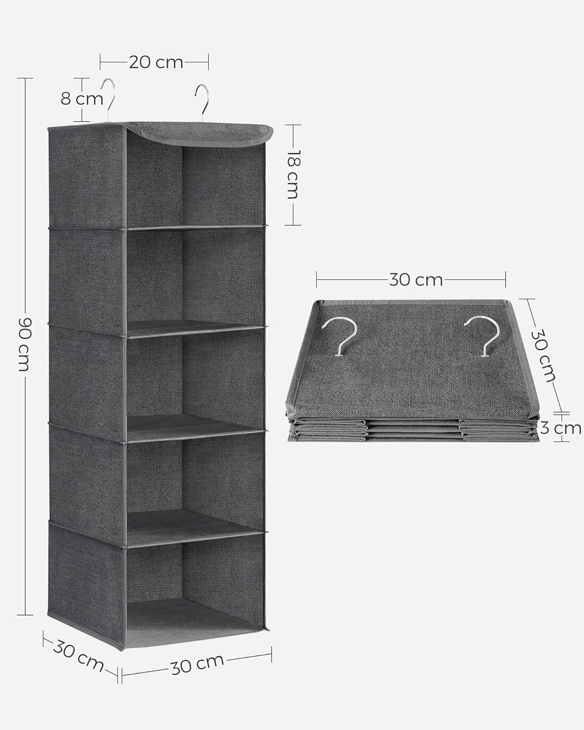 SONGMICS Raft suspendat organizator pentru dulapuri, pliabil, textil, 30x30x90cm, gri