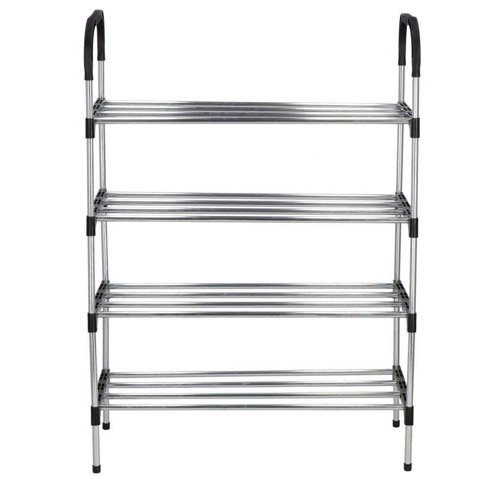 Suport pentru pantofi, 4 rafturi, cadru metalic, 84x28x60cm, negru si argintiu
