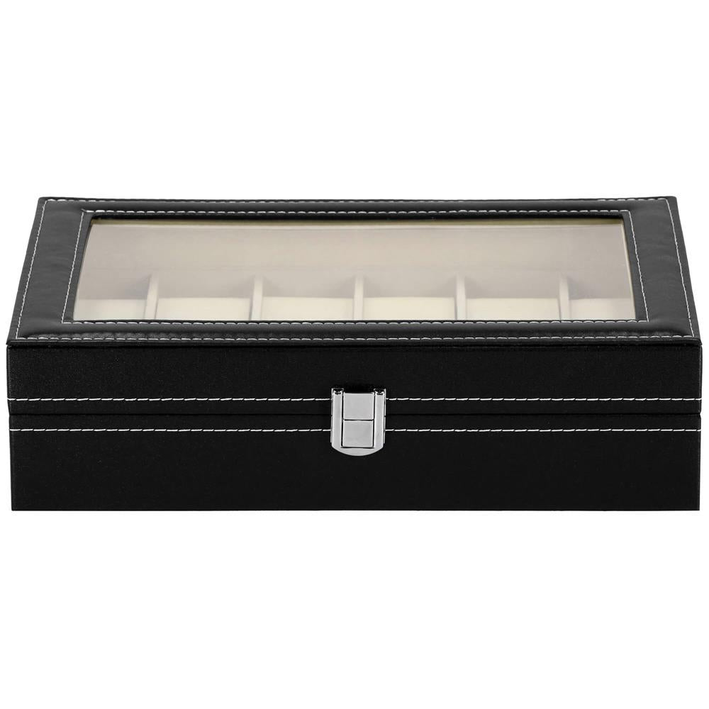 Cutie depozitare si organizare ceasuri, MDF, piele ecologica, 30x20x8cm, negru interior crem