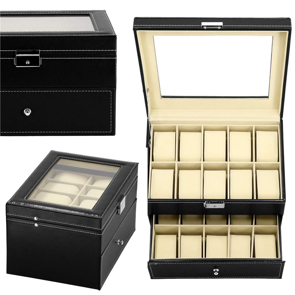 Cutie depozitare si organizare ceasuri, MDF, piele ecologica, 28x20x16,5cm, negru interior crem