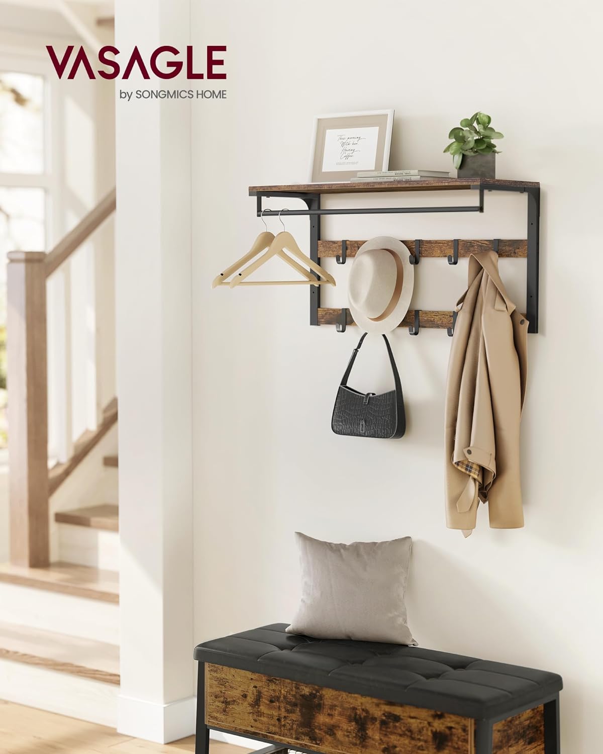 VASAGLE Cuier de perete cu raft de depozitare, 10 carlige, 30x80x42 cm, maro rustic