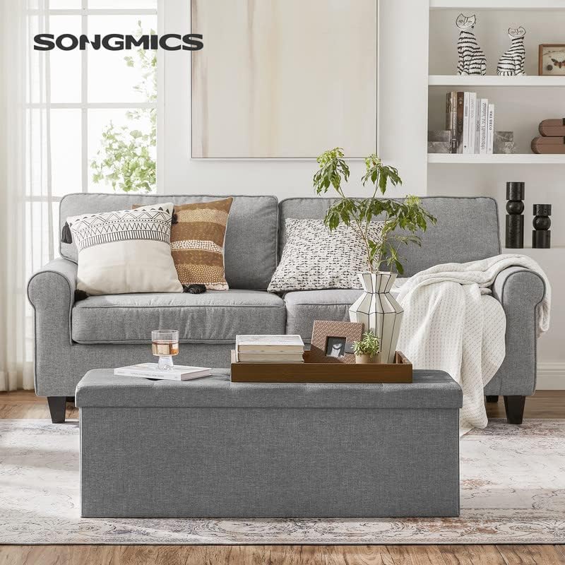 SONGMICS Taburet pliabil cu sezut moale, spatiu de depozitare 131litri, maxim 300kg, 110x38x38cm, gri