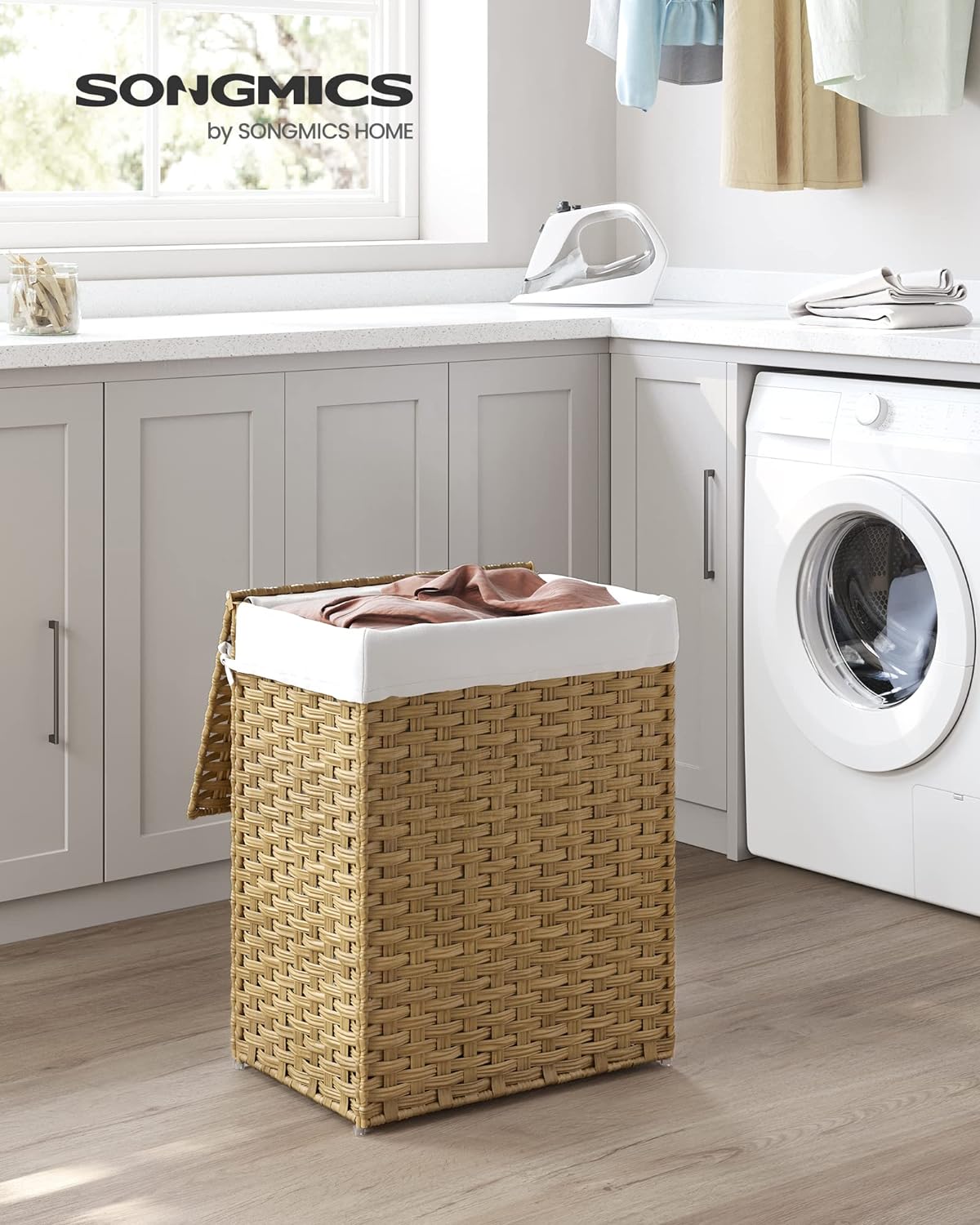 SONGMICS Cos de rufe stil ratan, cu captuseala detasabila lavabila, 90 litri, 46x33x60 cm, natural