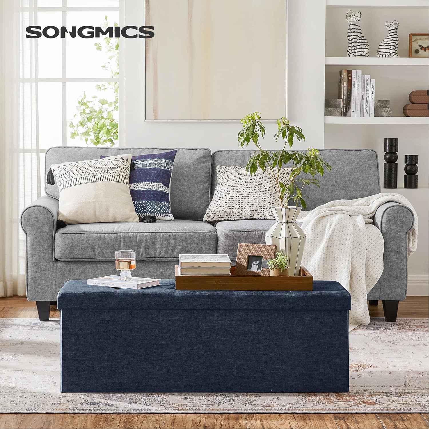 Taburet pliabil cu sezut moale, spatiu de depozitare 131litri, maxim 300kg, 110x38x38cm, albastru inchis