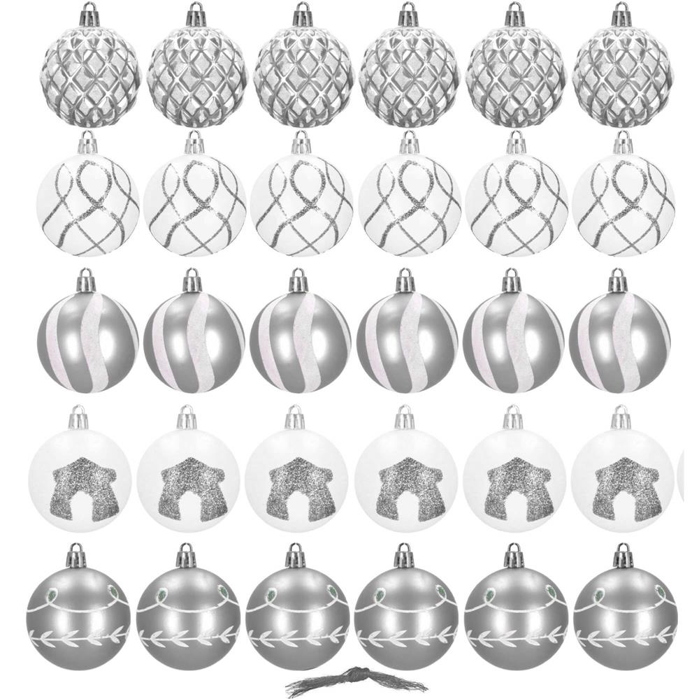 Set globuri de Craciun cu modele de sarbatori, 30 bucati, 6cm, argintiu