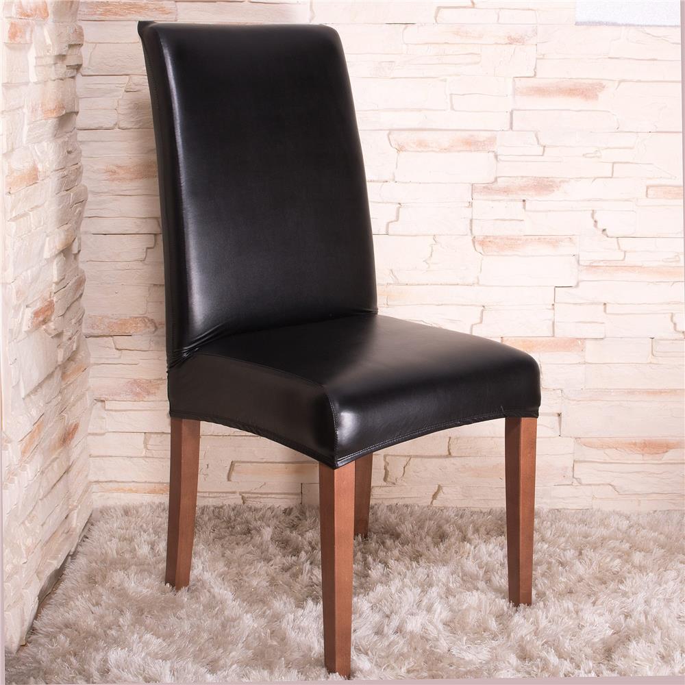 Set 4 huse universale pentru scaun, marime universala, poliester si spandex, 45 x 60 cm, imiatie piele negru