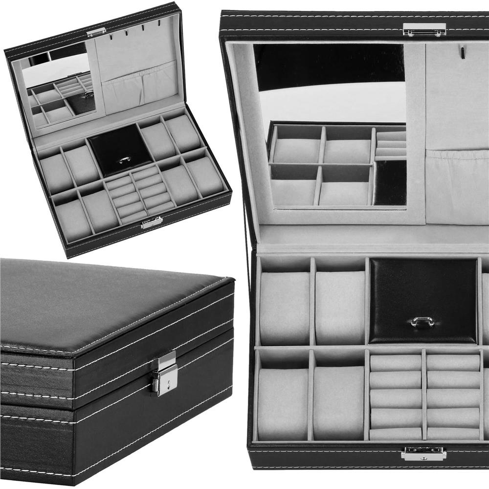 Cutie depozitare si organizare ceasuri si alte accesorii, MDF, piele ecologica, 30x20x8cm, negru