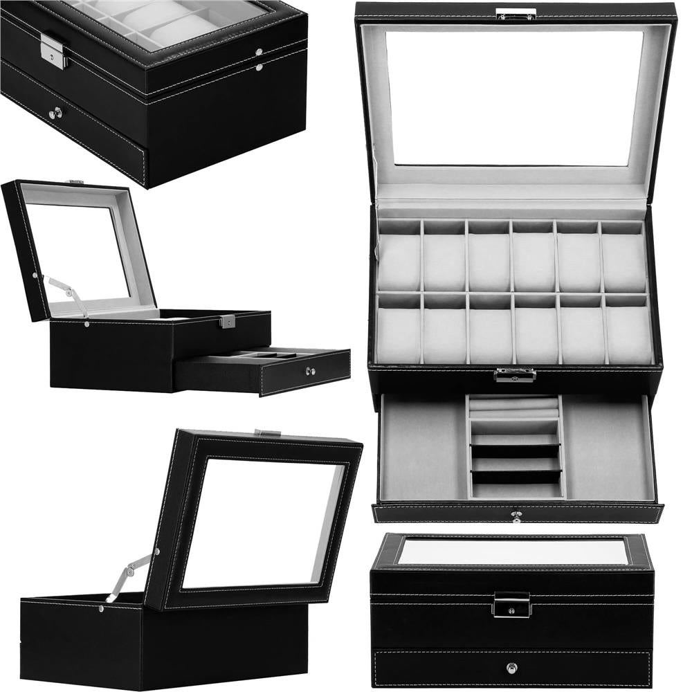 Cutie depozitare si organizare ceasuri si alte accesorii, MDF, piele ecologica, 30x20x13cm, negru
