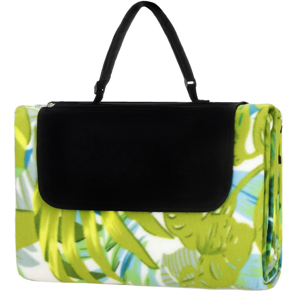 Patura pentru picnic sau plaja, cu folie izolatoare si maner, 150x200cm, model frunze, verde