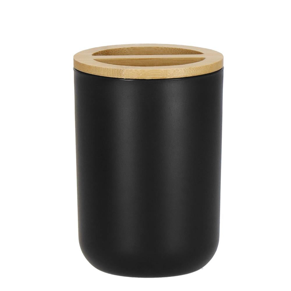 Set de accesorii rotunde pentru baie din plastic cu elemente bambus, 6 piese, negru