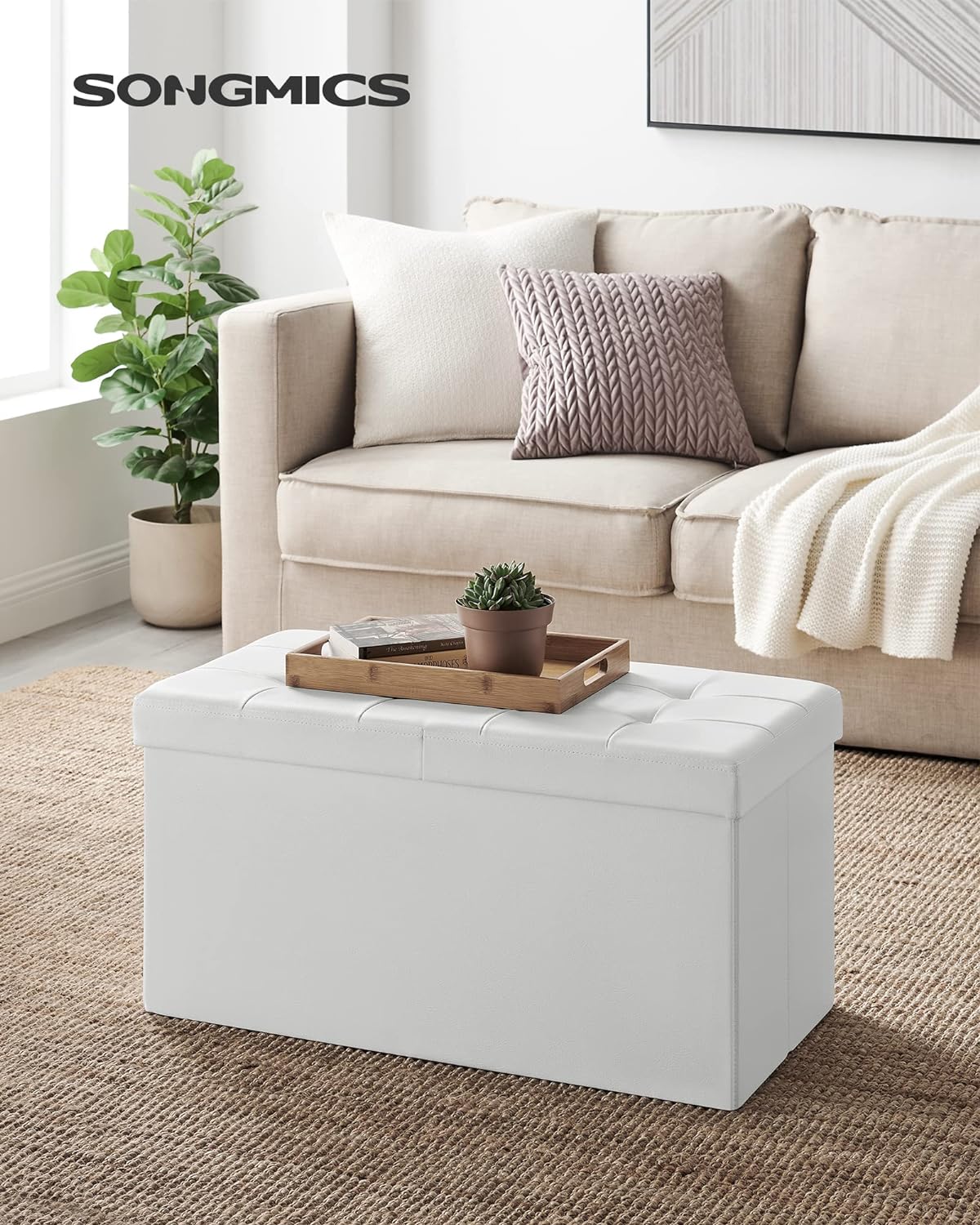 SONGMICS Taburet pliabil cu sezut moale, spatiu depozitare 80 litri, max 300kg, 76x38x38 cm, alb
