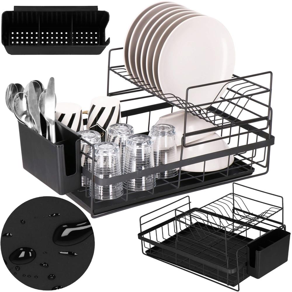 Uscator de vase cu suport tacamuri, din otel, pe 2 nivele, cu tava de scurgere, 50x30x24cm, negru