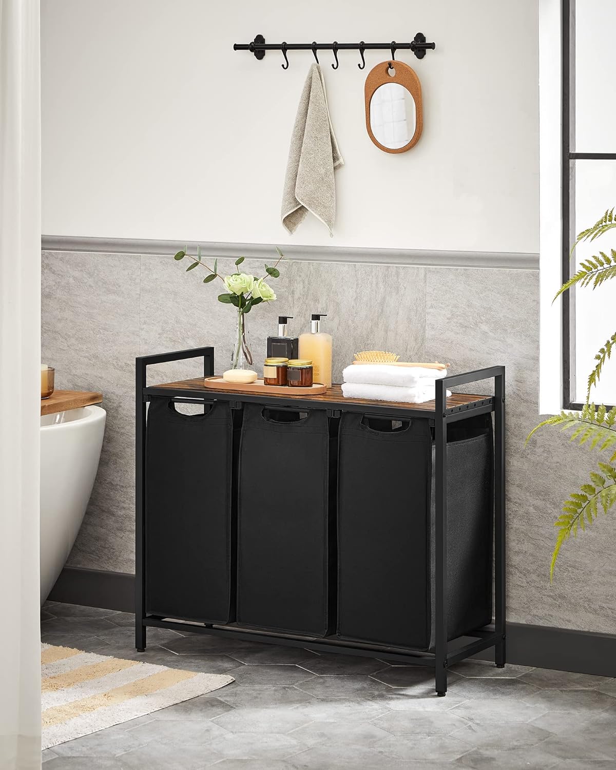 VASAGLE Cos de rufe, 3 compartimente, saci de rufe detasabili, raft, cadru metalic, 3x38L, 93x33x72 cm, maro rustic si negru - 2