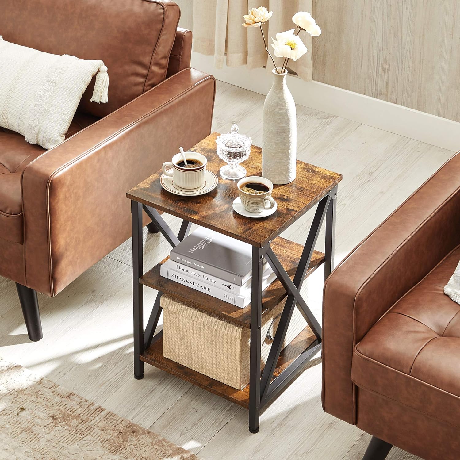 VASAGLE Noptiera mica din metal cu design in forma de X, 2 rafturi de depozitare, stil industrial, 40x40x60cm, maro rustic