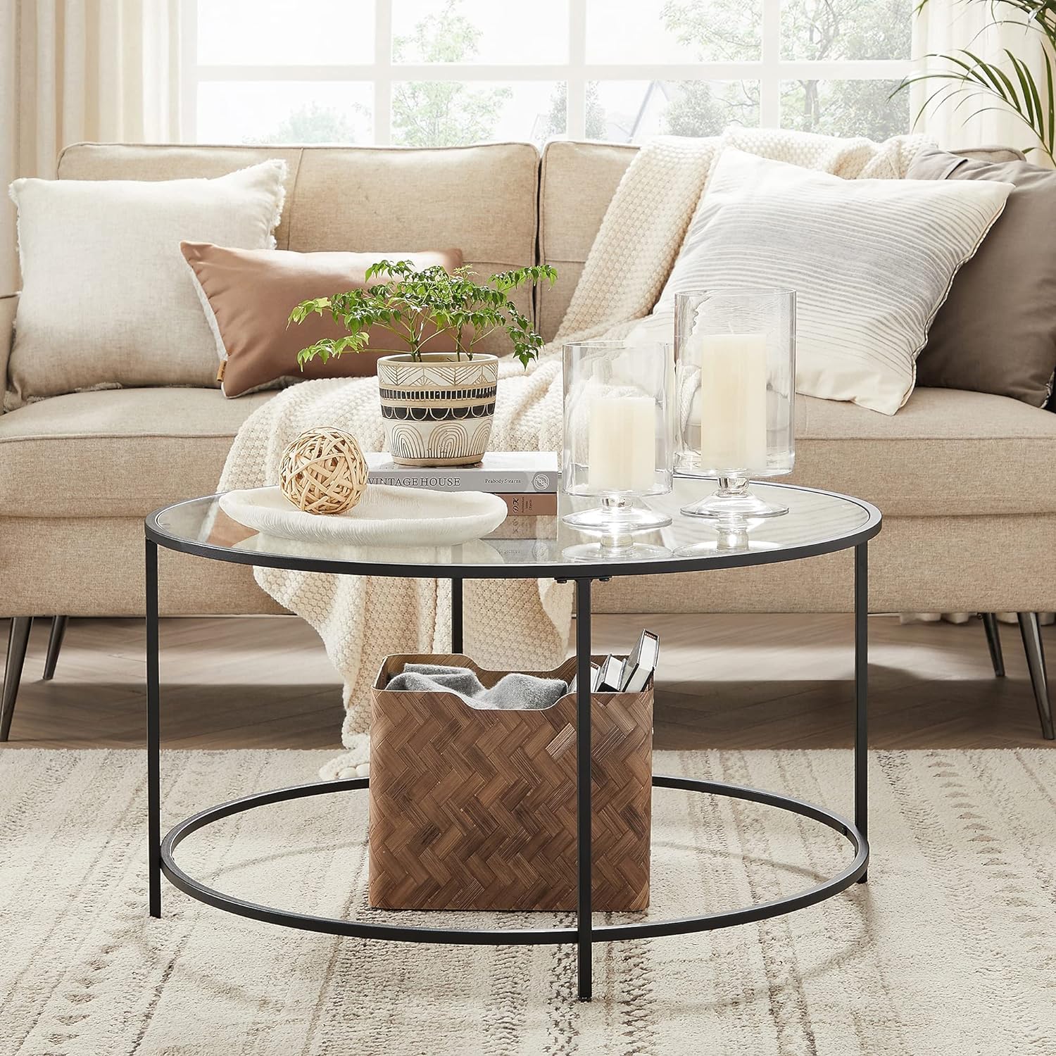 VASAGLE Masa de cafea rotunda, din sticla securizata cu cadru metalic, 84x84x45cm, negru