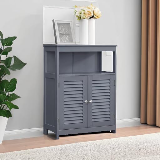 VASAGLE Dulap tip comoda pentru baie, cu rafturi reglabile si 2 usi, 30x60x80 cm, gri - 2