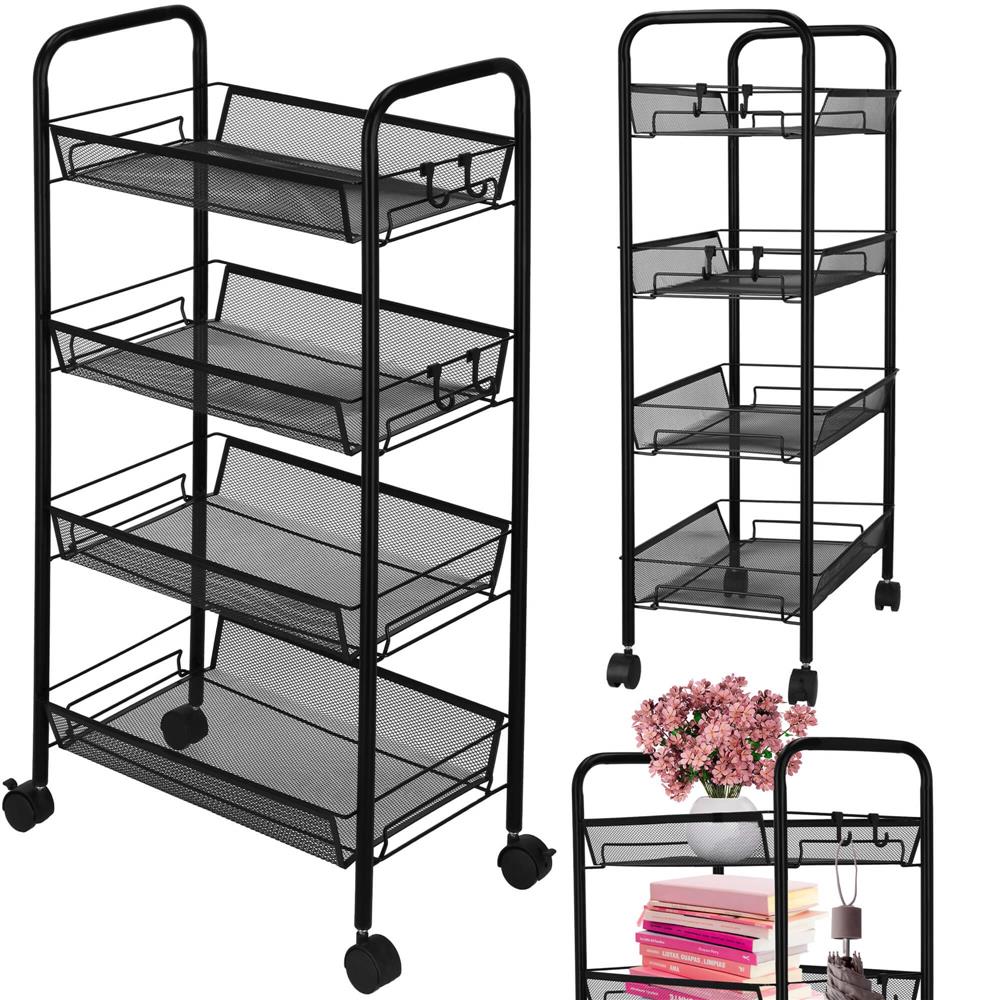 Raft metalic mobil tip carucior pentru bucatarie, 4 polite si 4 agatatori, negru, 44x26x85cm