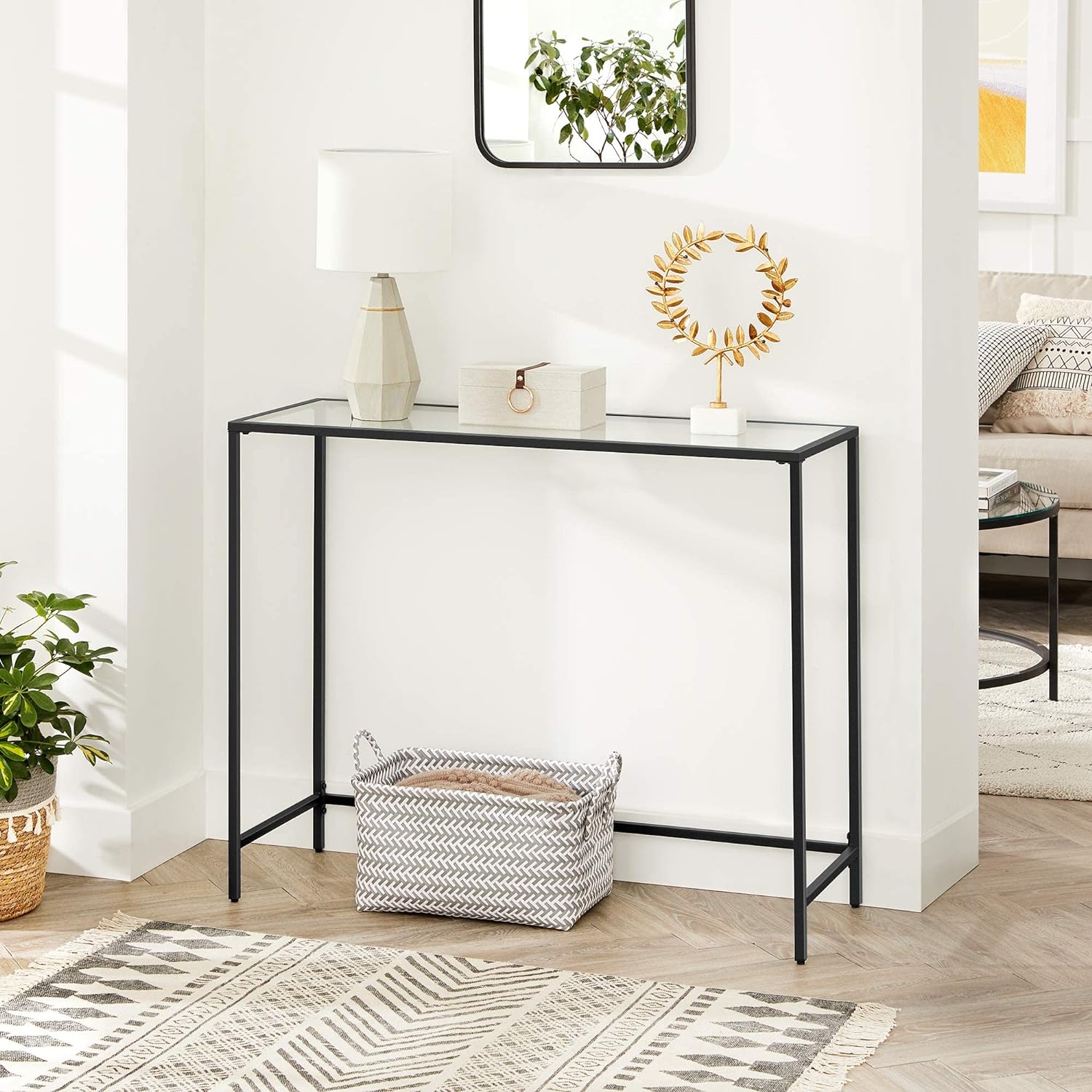 VASAGLE Masa de intrare, blat din sticla securizata, cadru din metal, pentru sufragerie, 100x35x80cm, negru