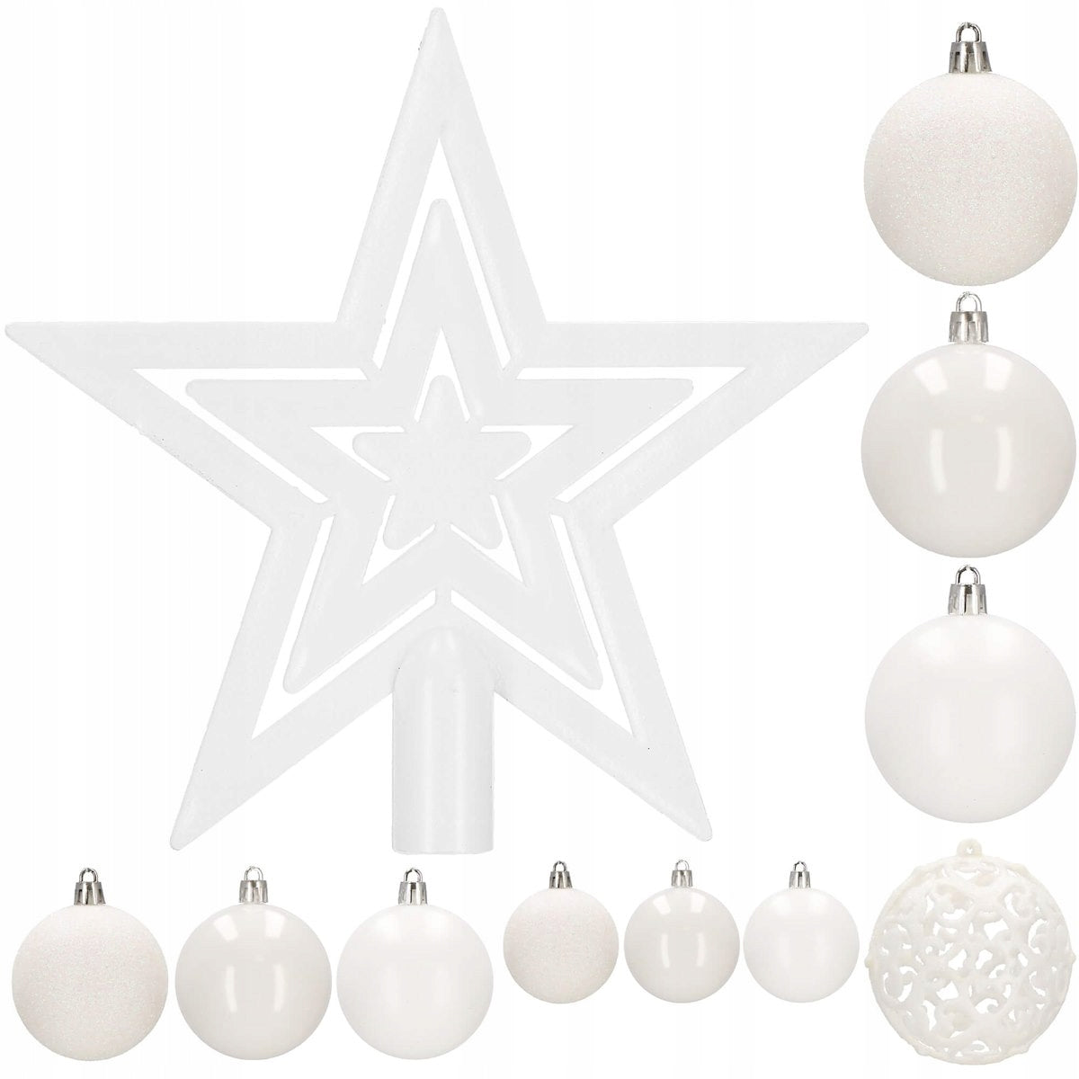Set globuri si decoratiuni de Craciun, 100 piese, diverse dimensiuni cu stea, alb