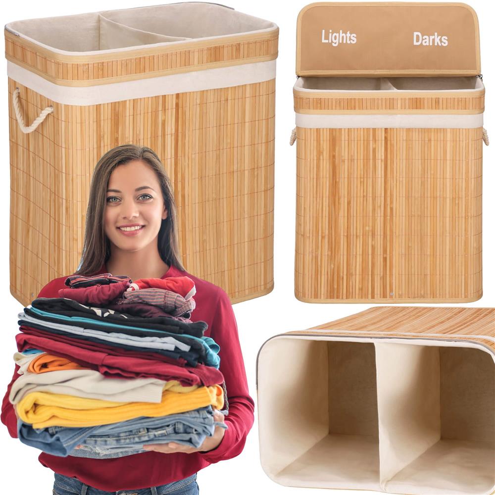 Cos de rufe din bambus cu capac, 2 compartimente, sac detasabil, volum 100L, 53x32x62cm, maro