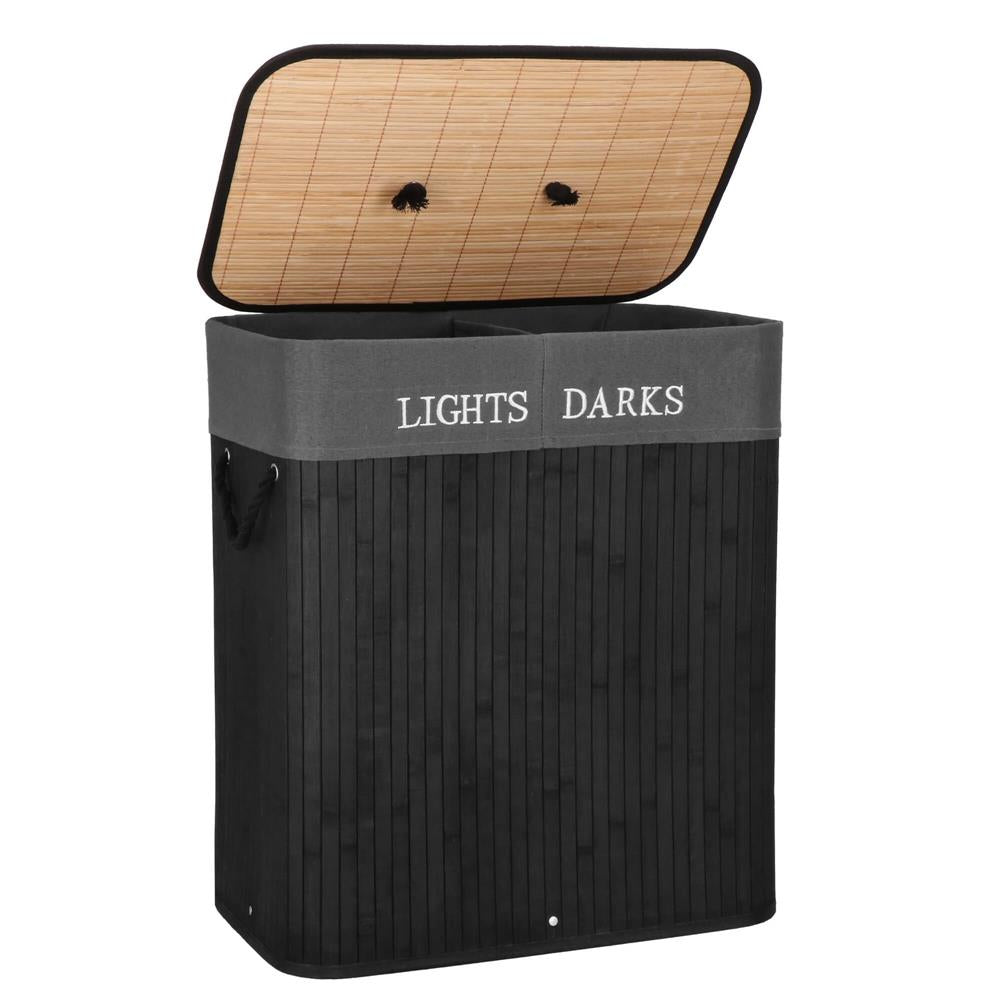 Cos de rufe din bambus cu capac, 2 compartimente, sac detasabil, volum 100L, 54x34x60cm, negru